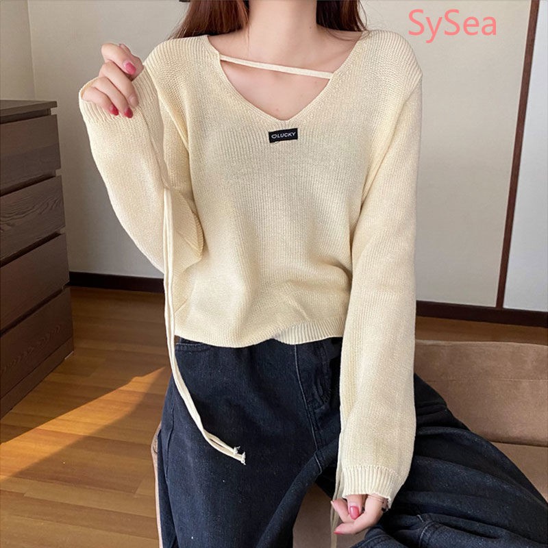 Áo Sweater Dệt Kim Tay Dài Cổ Chữ V Dáng Rộng Thoải Mái Cho Nữ