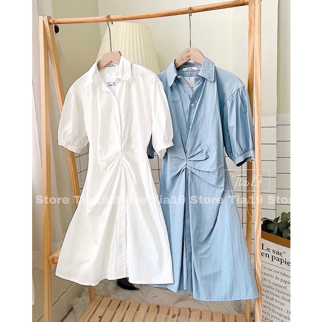 Váy sơmi cộc tay xoắn eo ulzzang Tia19. Đầm sơ mi dáng ngắn lệch eo