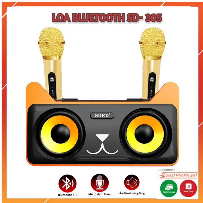 Loa Bluetooth SD- 305 Plus. Âm Thanh Sống Động, Không Rè. Kiểu Dáng Tai Mèo Dễ Thương, Tặng Kèm 2 Tay Mic Hát Hay
