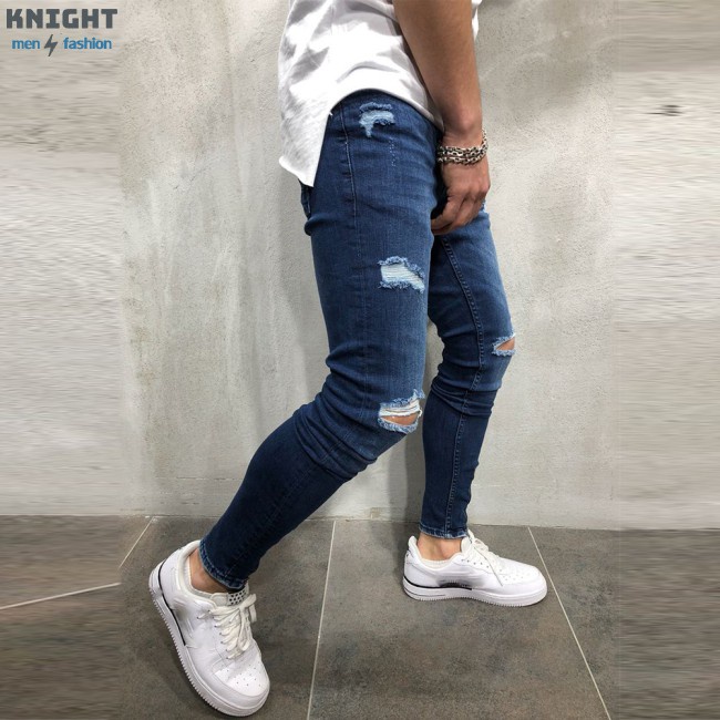 Men Jeans Denim Pencil Pants Zipper Shredded Trousers Blue Casual Dark Straight Fashion