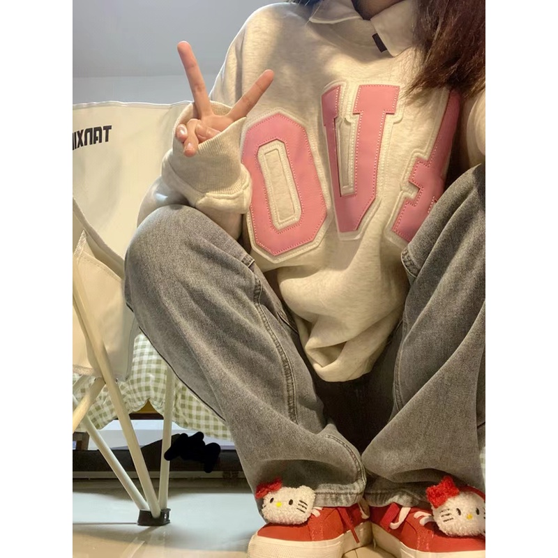 QOEDDV Áo sweater cổ tròn dáng rộng phong cách ngọt ngào kiểu Mỹ thời trang mùa thu dành cho nữ