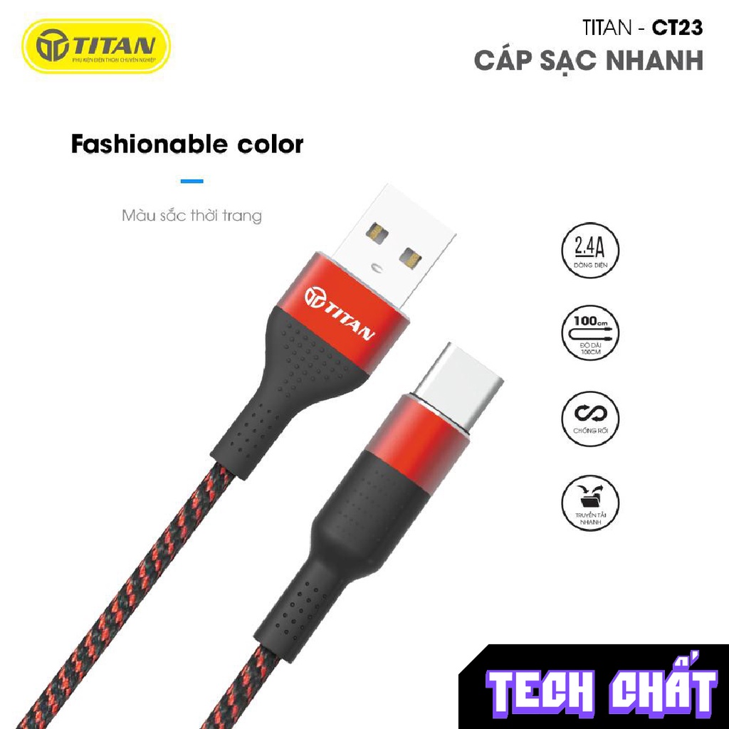 Cáp sạc nhanh cho android TYPE C BỌC DÙ chính hãng TITAN cực chất - BẢO HÀNH 24 tháng 1 đổi 1 tech chat