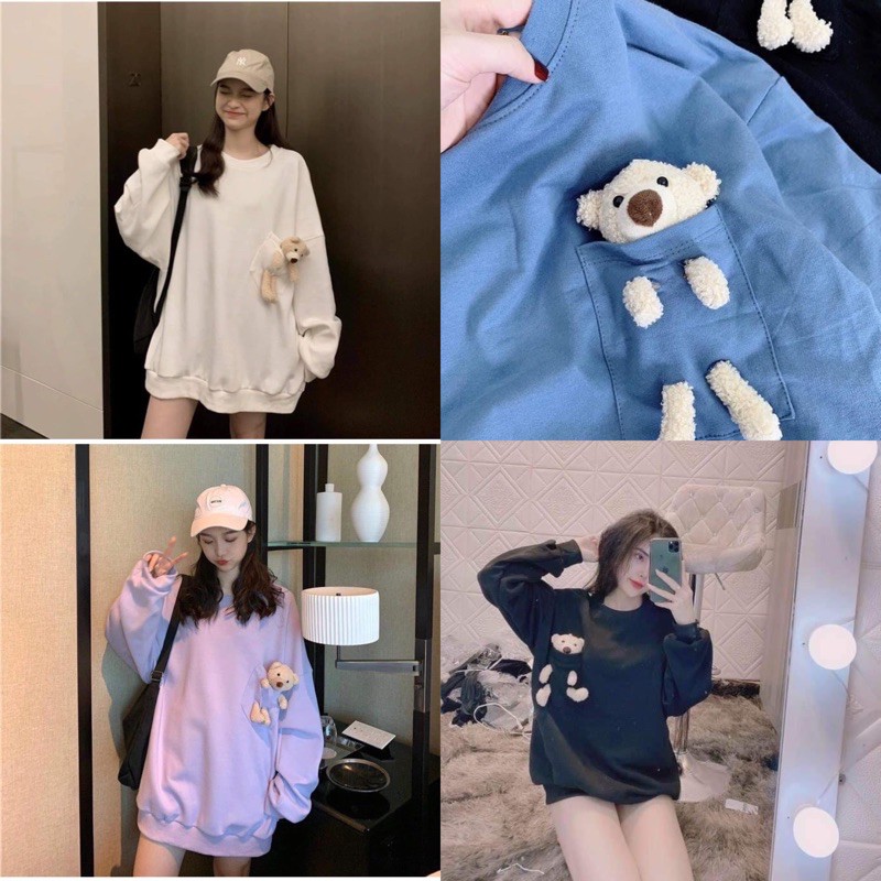 Áo Nỉ TEDDY BEAR Nữ 💕[FREESHIP] 💕 Áo Gấu -Phông Dài Tay Dáng Rộng Phối Túi Gấu Unisex | BigBuy360 - bigbuy360.vn