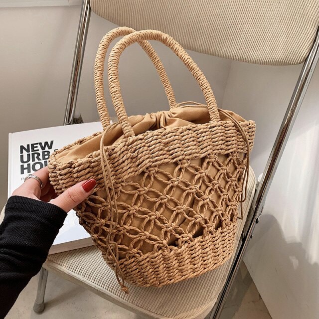 Túi cói cầm tay đan thưa - hoa văn đồng tiền - phong cách Vintage
