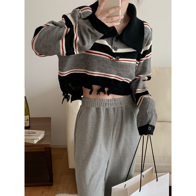 Áo Thun Polo Dệt Kim Tay Dài Họa Tiết Kẻ Sọc Màu Tương Phản Phong Cách Vintage Dành Cho Nữ