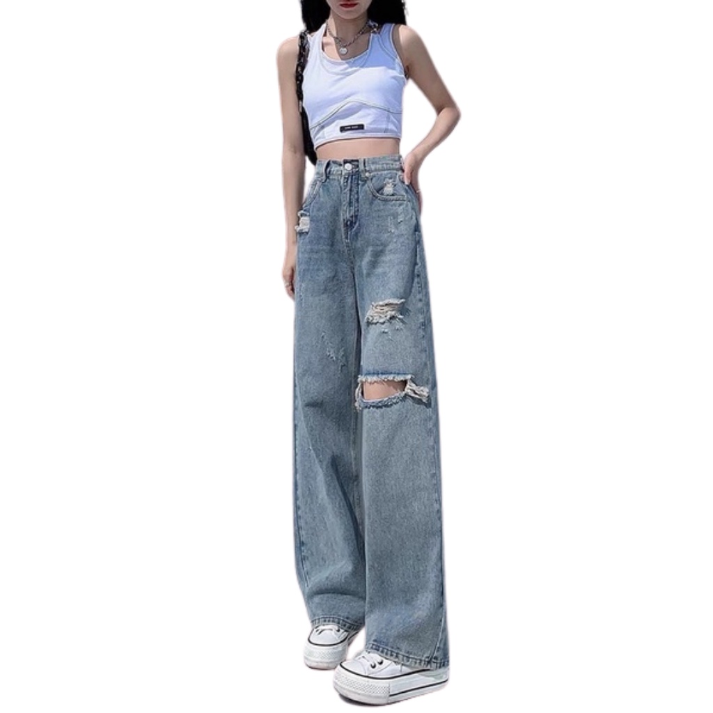 Quần Jean Nữ VN CLO Ống Rộng Wash Rách Xanh Bạc - QJ084