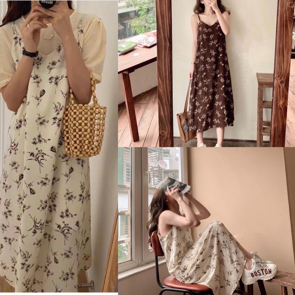 Đầm - Váy hai dây hoa nhí phong các Hàn Quốc - Váy hai dây hai màu trắng nâu Ulzzang | BigBuy360 - bigbuy360.vn