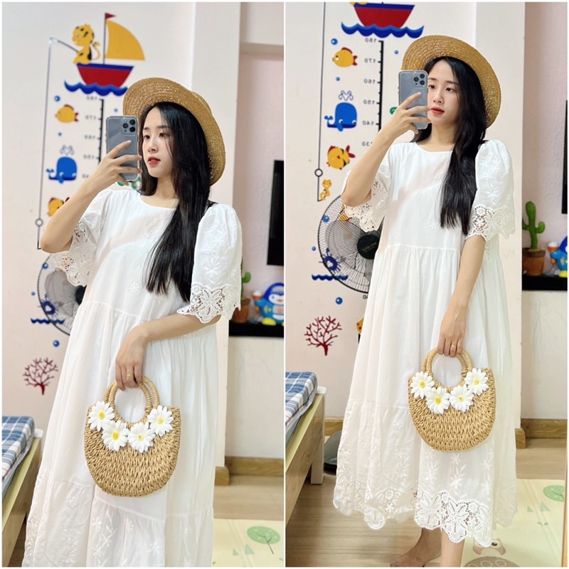 Váy suông trắng pha ren