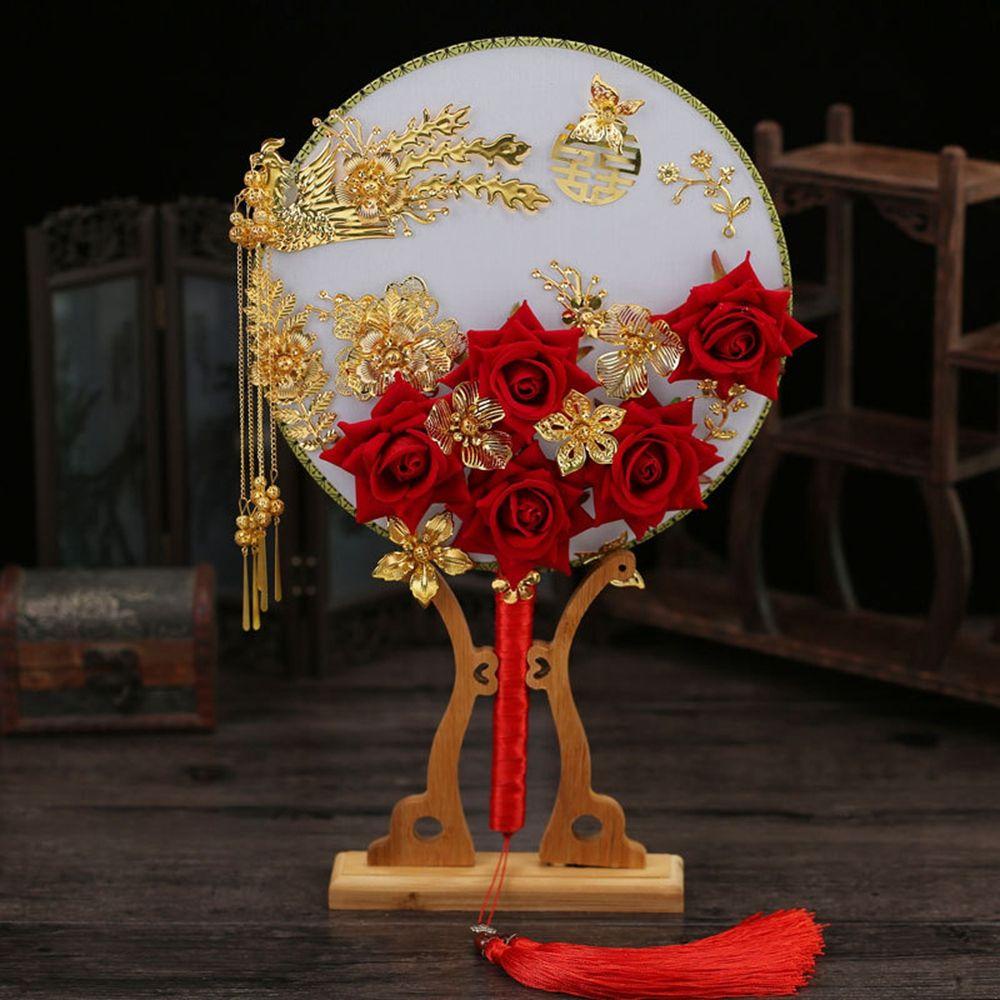 Quạt Xếp Cầm Tay Hình Rồng Phượng Hoàng Sang Trọng Cho Cô Dâu|Phụ Kiện Trang Trí Đám Cưới Màu Đỏ Phong Cách Trung Hoa Cổ Điển