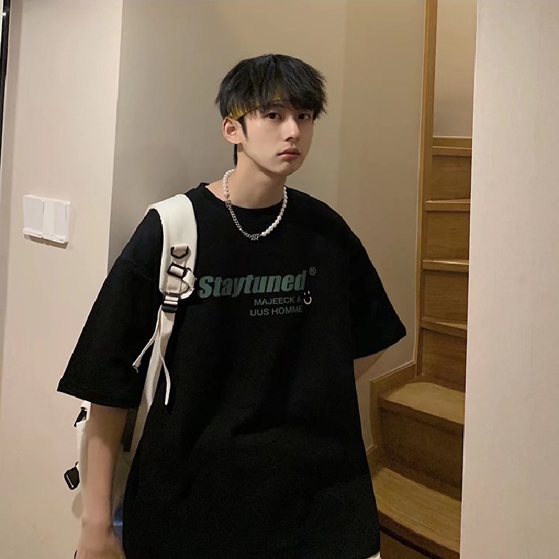 Áo Thun Ngắn Tay Form Rộng Họa Tiết Kẻ Sọc Phong Cách Hàn Quốc Cho Nam