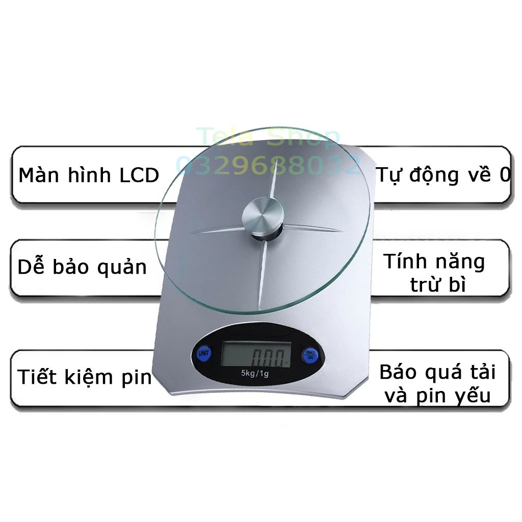 Cân Tiểu Ly Nhà Bếp 5kg 1g Mặt Kính Cường Lực Dễ Lau Chùi Tặng Kèm Pin Tela Shop