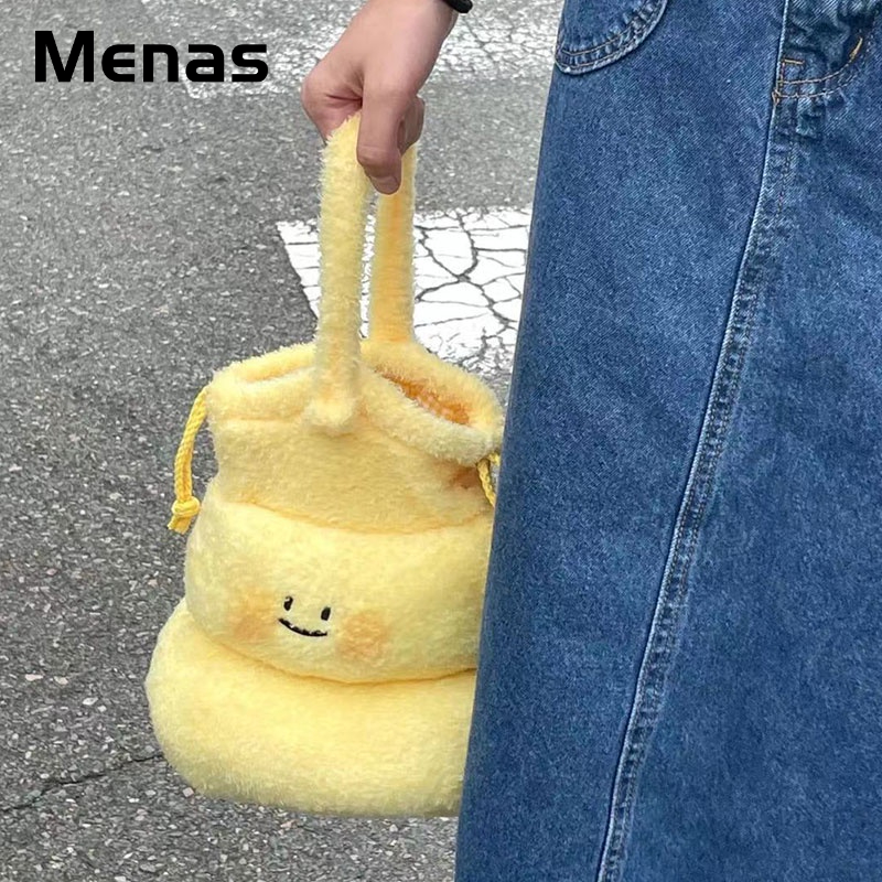 Menas Túi Xách Dây Rút Bằng Vải Bông Màu Trơn Dễ Thương Vui Nhộn Thời Trang