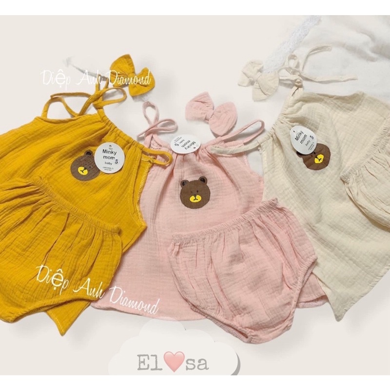 Bộ quần áo vải xô muslin kèm băng đô cho bé gái thêu hình gấu ( bộ 2 dây)