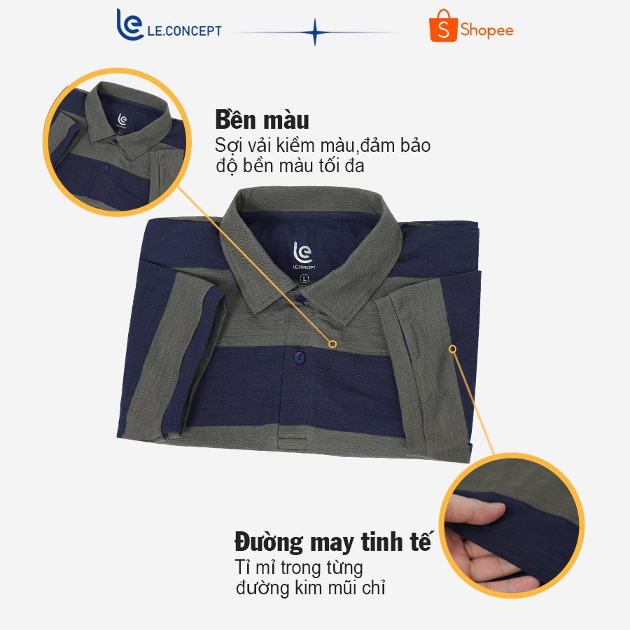 Áo phông nam có cổ màu xanh rêu phối kẻ xanh LE.CONCEPT chất liệu cotton cao cấp 100%, chuẩn form, nam tính | BigBuy360 - bigbuy360.vn