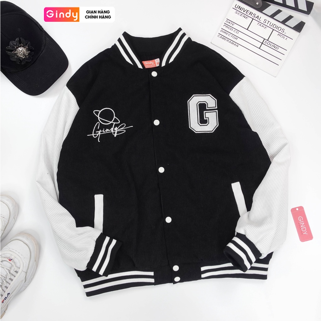 Áo khoác bomber nhung tăm varsity jacket bóng chày dài tay 2 lớp GINDY thời trang thu đông nam nữ A12122