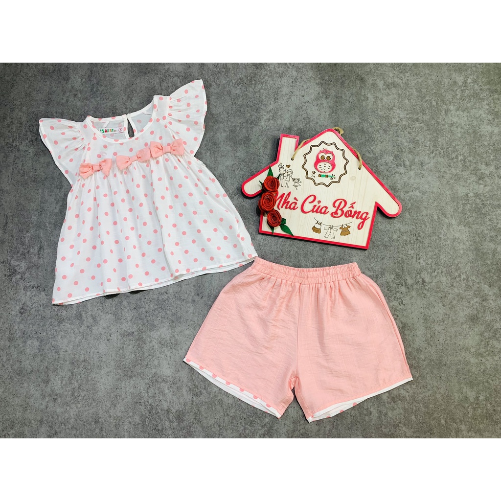 Bộ tơ sọc bé gái phối áo kiểu chấm bi đính 3 nơ size 10,5 - 38 kg