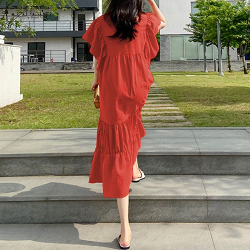 ZANZEA Đầm dài tay cổ tròn nhún bèo thời trang | BigBuy360 - bigbuy360.vn