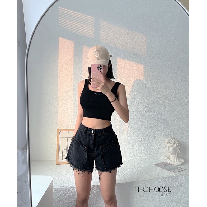 Áo croptop cổ vuông đen trắng - Áo croptop khoét nách 2 màu đen trắng freesize phom ôm chất thun co giãn