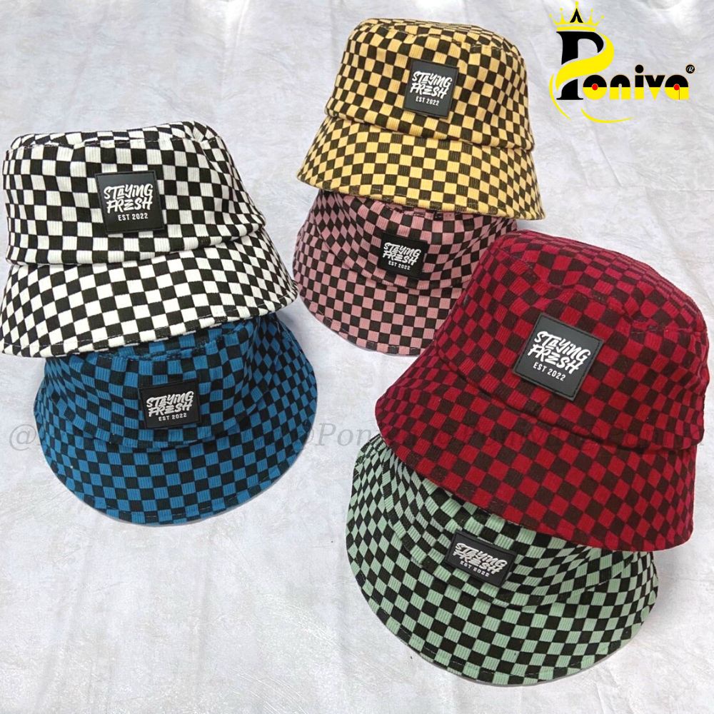 Mũ bucket ❤️ Nón tai bèo vành cụp caro thêu chữ Staying Fresh form unisex Ulzzang Thời trang PONIVA siêu hot