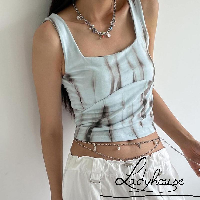 Áo Tank Top Không Tay Cổ Vuông Màu Trắng In Họa Tiết Thời Trang Mùa Hè Cho Nữ
