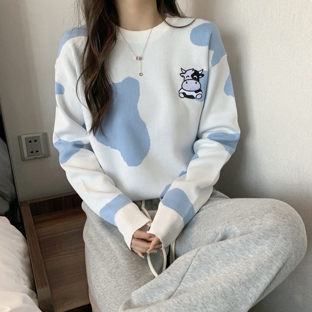 Áo len ZHELIHANGFEI tay dài dáng rộng họa tiết thêu dễ thương theo phong cách Preppy cho nữ