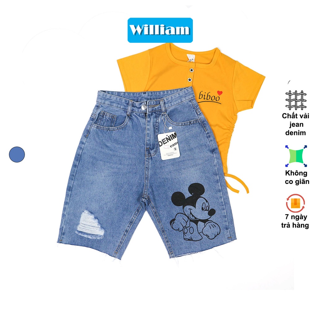 Quần jean ngố nữ quần lửng hình chuột Mickey cá tính, chất liệu jean denim không co giãn William - AT25A