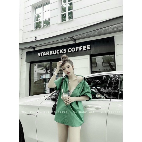 ANU363 - ÁO SƠ MI XANH LÁ TAY GẤP GẤU