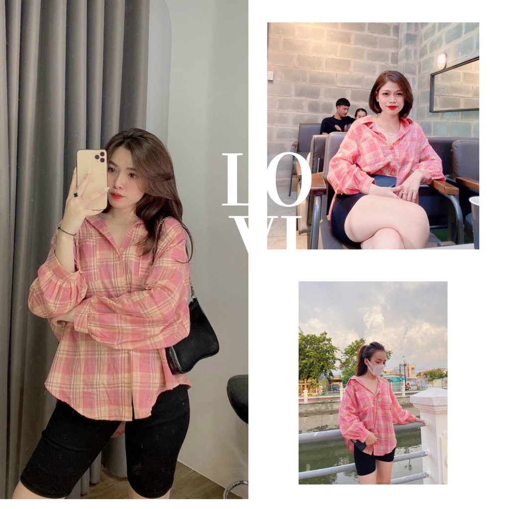LOVI SHOP- Áo sơ mi caro cánh dơi form rộng Hồng Xanh