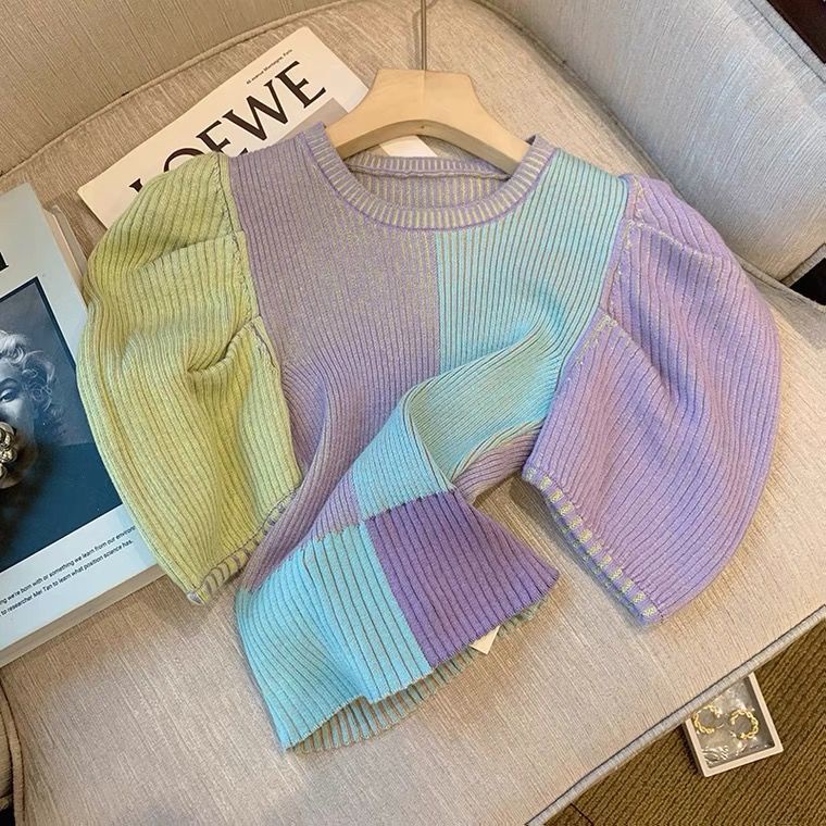 Áo Sweater Dệt Kim Mỏng Tay Phồng Phối Màu Thời Trang Xuân Hè Cho Nữ