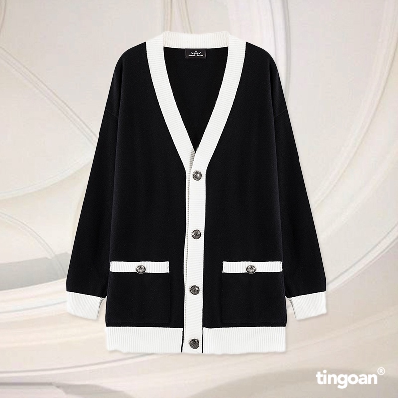 TINGOAN® - Áo khoác len xù cardigan đen viền trắng SWEETEST CARDIGAN/BL