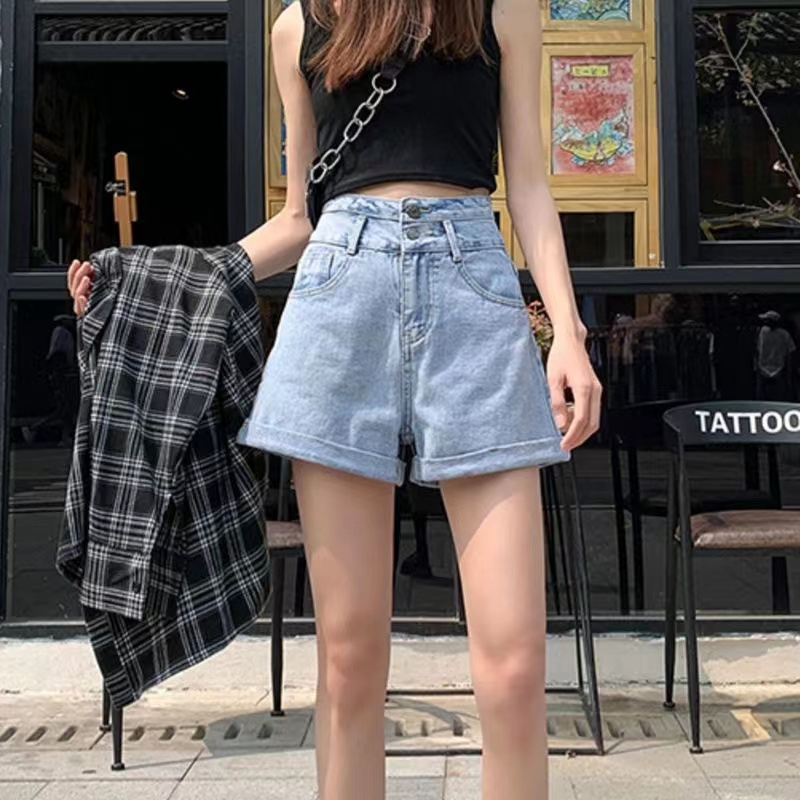 Quần Short Denim Lưng Cao Ống Rộng Thời Trang Hàn Quốc Cho Nữ