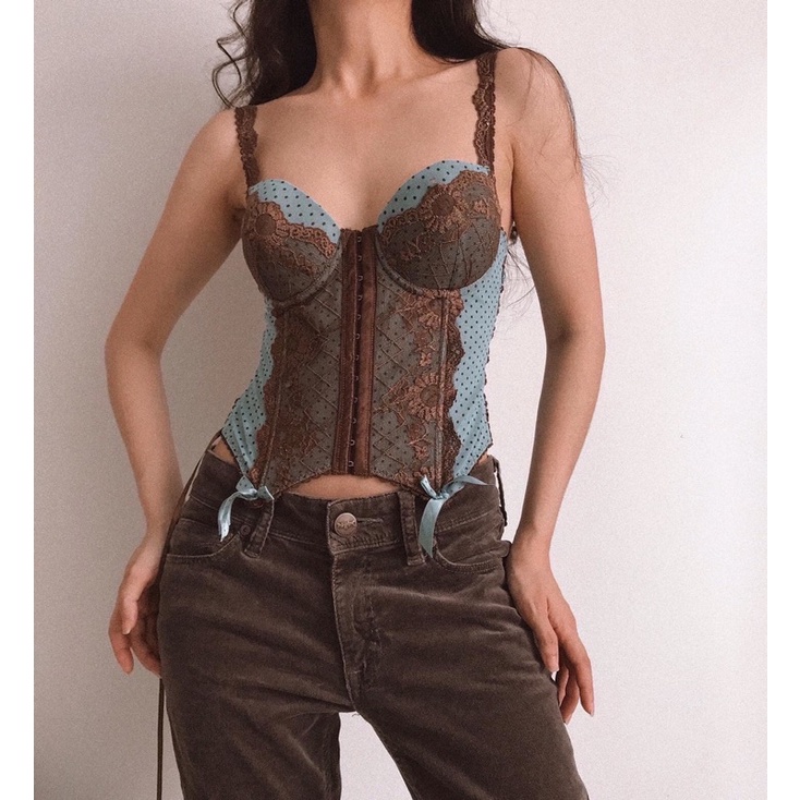 Áo corset nâu tây phối xanh 2hand