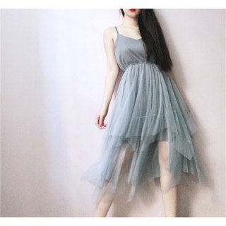 Đầm midi 2 dây lưới xoè bo eo korea