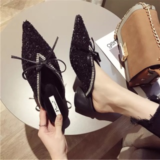 Giày mules đính đá mũi nhọn gót 4cm