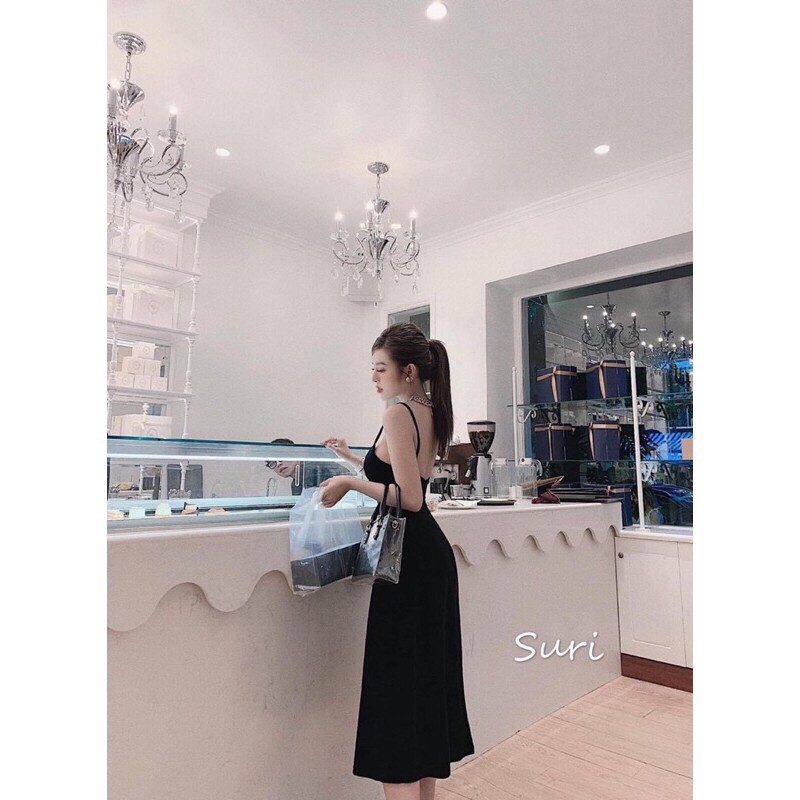 Đầm maxi nhung hai dây hở lưng + Ảnh thật