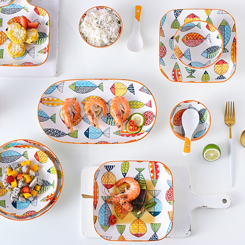 Bộ set chén dĩa bát đĩa gốm sứ decor cao cấp Hình Con Cá đáng yêu