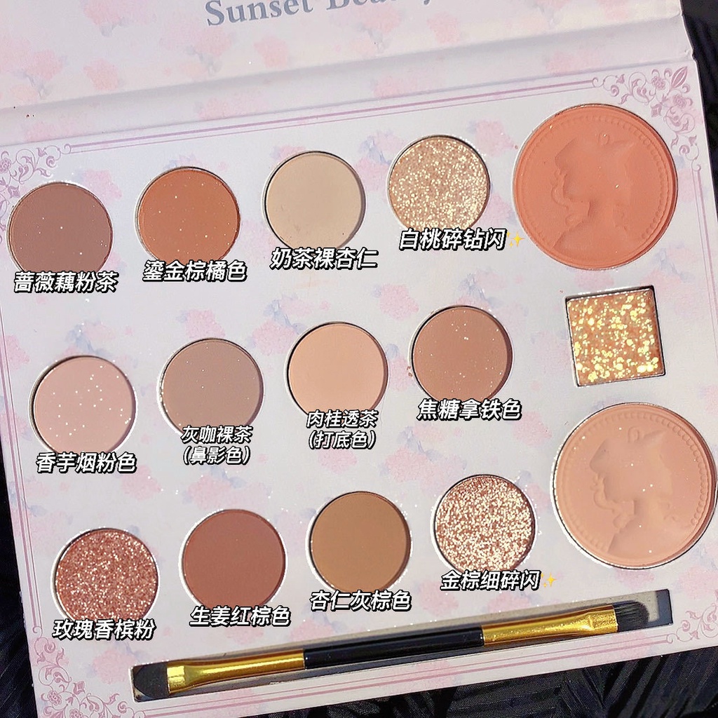 Bảng Phấn Mắt Sunset BEAUTY 15 Màu Hiệu Ứng Lì Nhũ Ánh Kim Mịn Kèm Cọ Gương