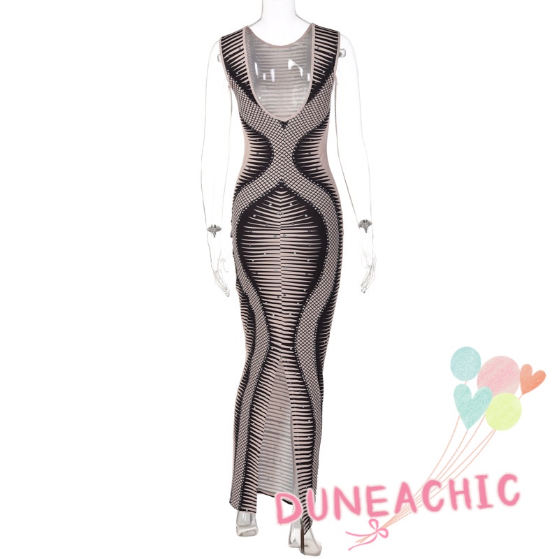 DUNEA Đầm Dự Tiệc Không Tay Hở Lưng Họa Tiết Kẻ Sọc Đính Đá Lấp Lánh Cho Nữ