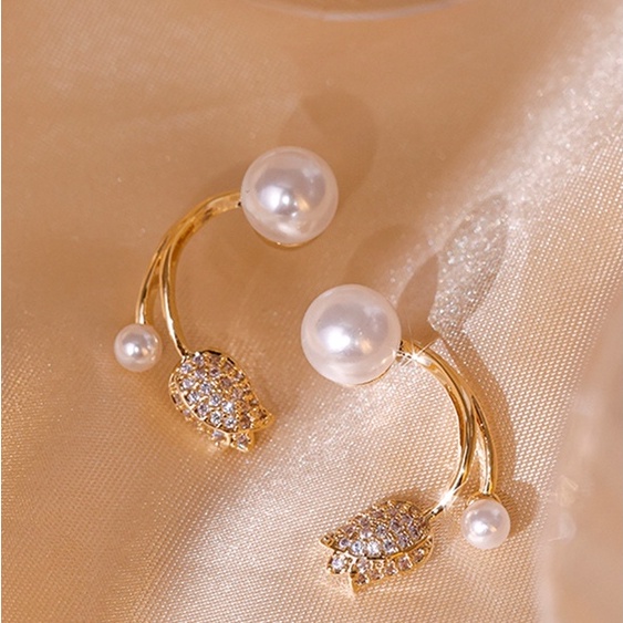 Khuyên Tai Mạ Vàng Hình Hoa Tulip Đính Ngọc Trai Phong Cách Hàn Quốc Mới