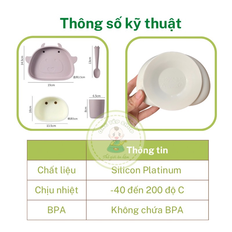 5 chi tiết - Bộ khay ăn dặm silicon đế hít chống lật gồm khay, bát, cốc silicon, thìa ăn dặm silicon hình chú bò