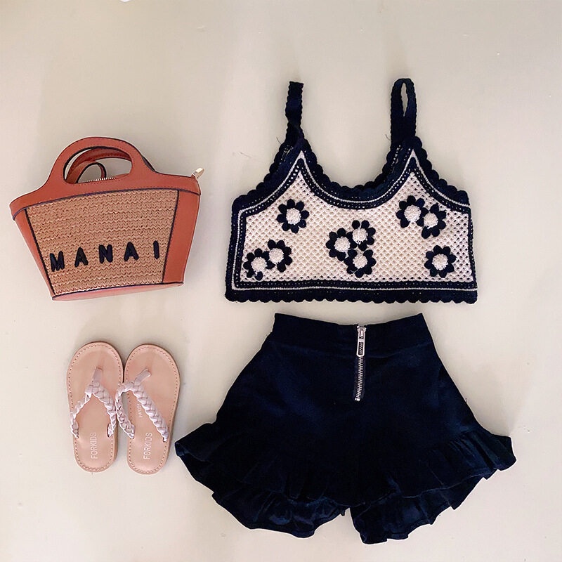 Bộ Áo hai dây Dệt Kim + Quần Short Thời Trang Retro Đáng Yêu Cho Bé Gái