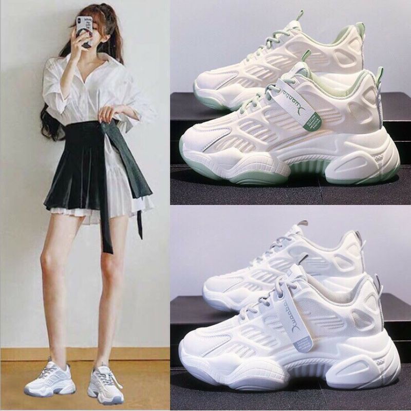 Giày Thể Thao Nữ Trắng Đế Cao Vạt Chữ Dây Màu_M10