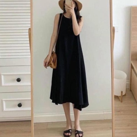 Váy maxi xuông đũi trơn sát nách 3 màu - Đầm suông dáng rộng đũi mát dạo phố ảnh thật