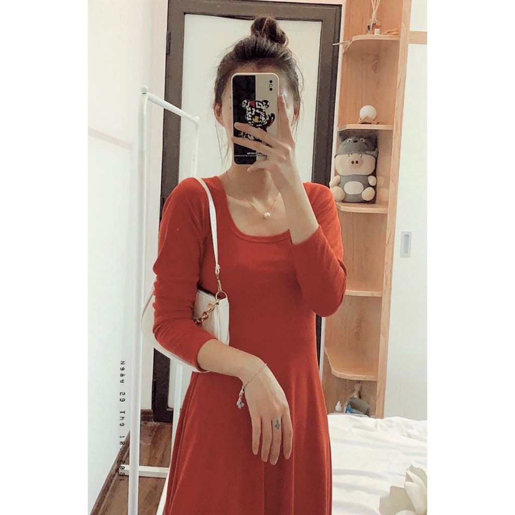 Đầm nữ dáng xòe cổ vuông vải tăm cao cấp có video