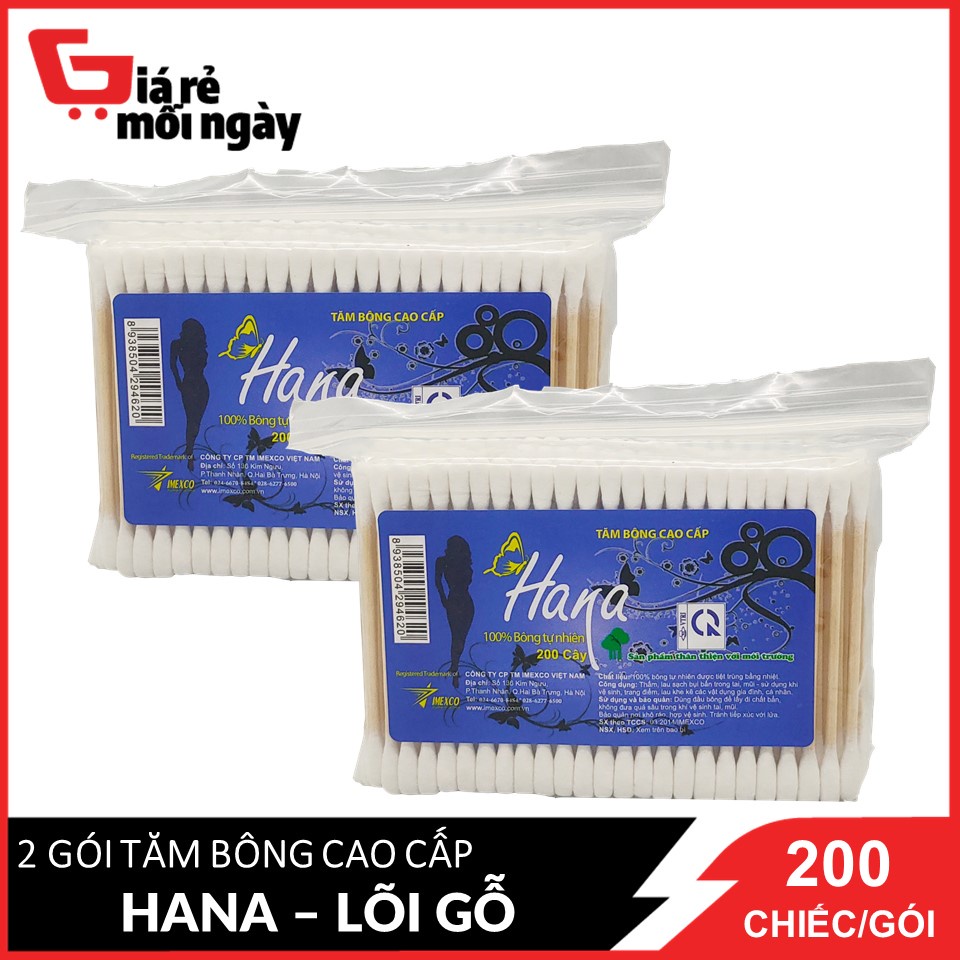 COMBO 2 Gói Tăm bông Hana (Xanh Đậm) gói Poly - 200c (lõi gỗ)