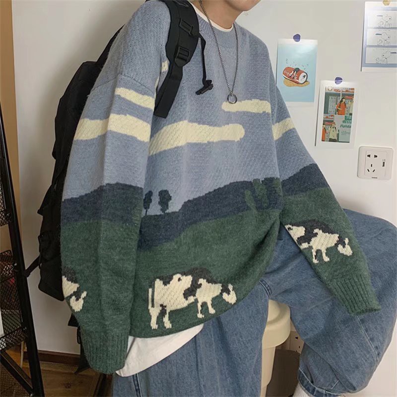 Áo sweater cổ tròn dáng rộng màu sắc tương phản phong cách Harajuku size M-2XL