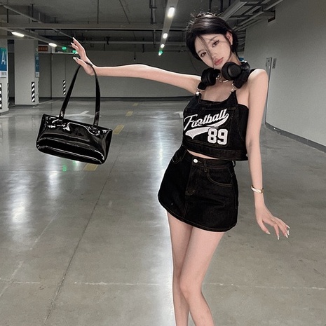 Set Áo Thun In Chữ + Chân Váy Denim Lưng Cao Phong Cách Hàn Quốc Thời Trang Cho Nữ