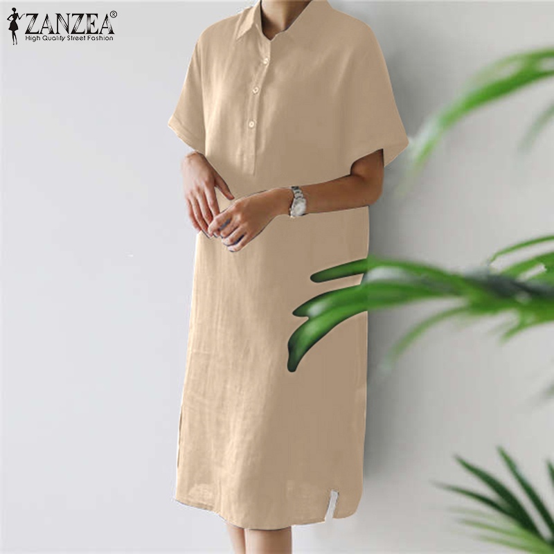Đầm midi ZANZEA tay ngắn dáng rộng màu trơn thời trang phong cách Hàn Quốc cho nữ