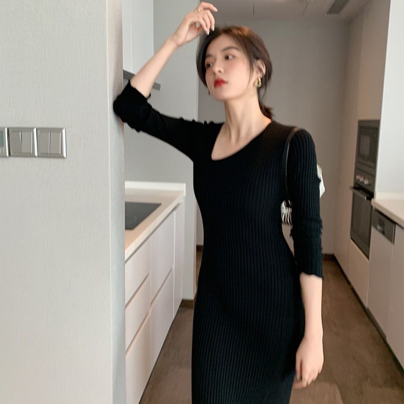 Đầm COZOK dệt kim dài tay ôm dáng phong cách cổ điển thanh lịch dành cho nữ