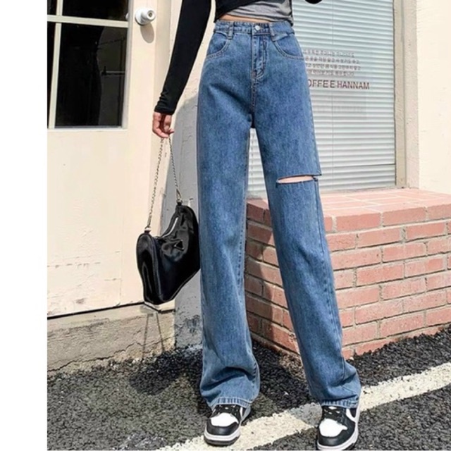 BIGSIZE(30-35)✈️FREESHIP QUẦN JEANS NỮ ỐNG RỘNG SUÔNG SIZE LỚN RÁCH GỐI VÀ TRƠN Ms 105